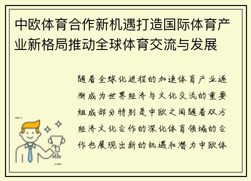 中欧体育合作新机遇打造国际体育产业新格局推动全球体育交流与发展