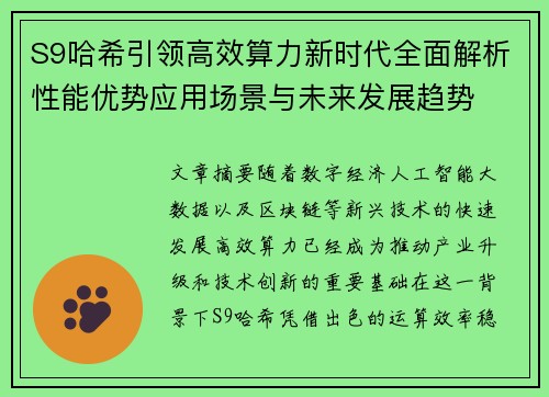 S9哈希引领高效算力新时代全面解析性能优势应用场景与未来发展趋势